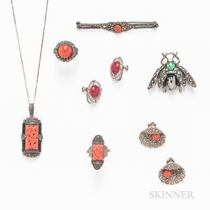 Group of Marcasite and Coral Jewelry