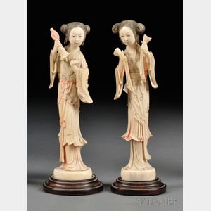 Pair of Polychrome Ivory Carvings