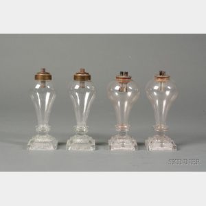 Two Pair of Colorless Free-blown Glass Bulb Lamps with Pressed Lacy Glass Bases