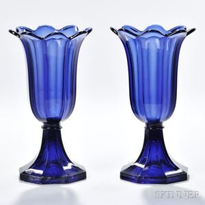Pair of Dark Blue Pressed Glass Tulip Vases