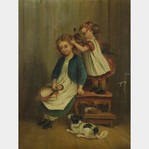 Framed Oil Interior Scene with Young Girls Dressing Their Hair