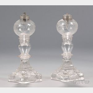 Pair of Colorless Free-blown Cut Glass Lamps on Pressed Glass Bases