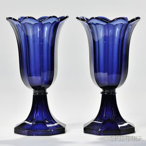 Pair of Blue Pressed Glass Tulip Vases