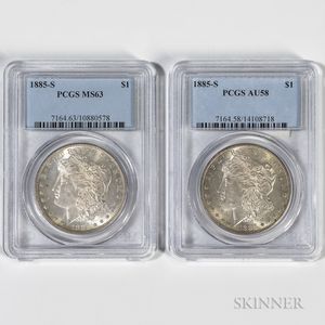 Two 1885-S Morgan Dollars, PCGS MS63 and AU58. 