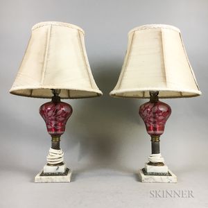 Pair of Etched Cranberry Glass Lamps