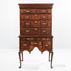 Diminutive Queen Anne Maple and Walnut Veneer High Chest of Drawers