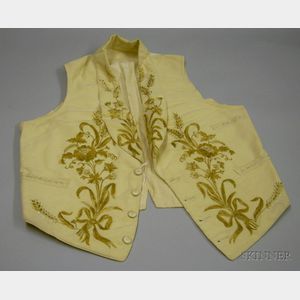 18th Century Cream Wool and Gold Silk Embroidered Mans Waistcoat.