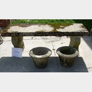 Pair of Cast Stone Benches and a Small Pair of Planters