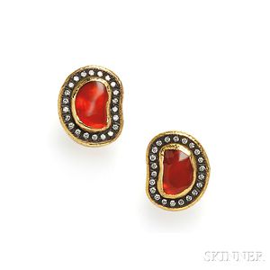High karat Gold, Fire Opal, and Diamond Earrings