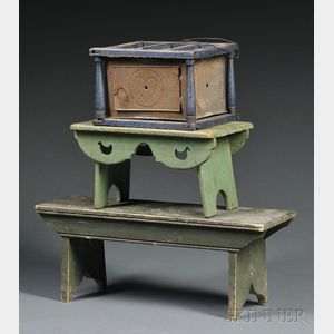 Two Small Green-painted Footstools and a Blue-painted Foot-warmer