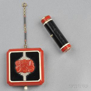 Art Deco 14kt Gold, Coral, Enamel, and Diamond Compact and Lipstick Case