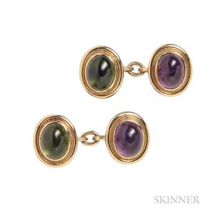 18kt Gold, Tourmaline, and Amethyst Cabochon Cuff Links