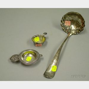 Gorham Sterling Silver Ladle, a Wallace Sterling Silver Tea Strainer, and a Floral-form Tea Strainer.