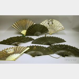 Five Sequined Black Silk Hand Fans and Three Metallic Embossed Paper Fans