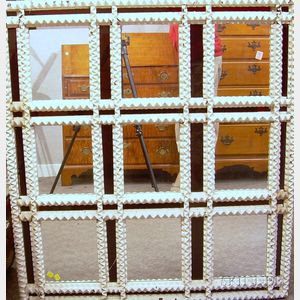 Tramp Art White-painted Notch Molded Wooden and Stained Glass Divided Nine-Panel Mirror