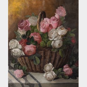 Charles Storer (American, 1817-1907) Pink and White Roses in a Wicker Basket