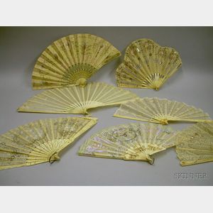 Six Mostly Hand-painted and Sequined Ivory and Silk Hand Fans
