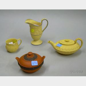 Wedgwood Rosso Antico Covered Sugar and a Caneware Cup, Creamer, and Teapot.