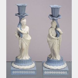 Pair of Wedgwood Solid Light Blue Jasper Figural Candlesticks