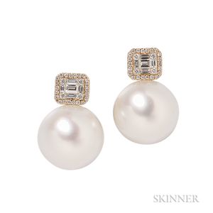 18kt Gold, South Sea Pearl, and Diamond Earrings