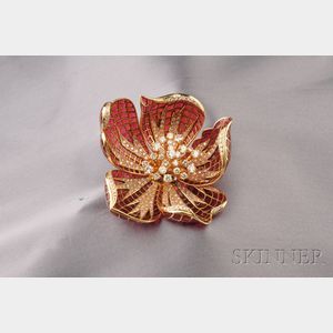 18kt Gold, Plique-a-Jour Enamel, and Diamond Flower Brooch