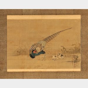 Hanging Scroll Depicting a Male Pheasant with Chicks