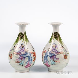 Pair of Famille Rose Bottle Vases