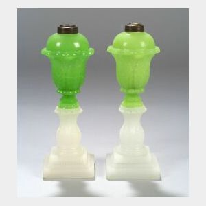 Two Green and Clambroth Pressed Glass Fluid Lamps