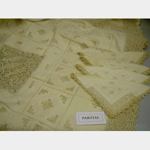 Crocheted Lace and Embroidery Embellished Banquet Cloth and Twenty-Four Dinner Napkins.