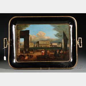 Large Painted Black Tray with Venetian Scene