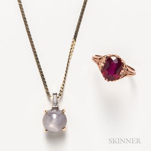 14kt Gold, Star Sapphire, and Diamond Pendant with Chain and a Victorian 10kt Gold and Ruby Ring
