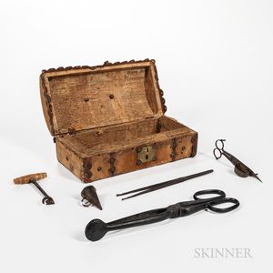 Small Hide-covered Document Box and Group of Small Early Metal Items