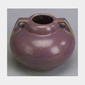 Fulper Pottery Vase, Flemington, New Jersey, early 20th century, angular double-handled bulbous form, in matte purple glaze, vertical m