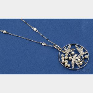 Platinum, Diamond and Seed Pearl Pendant Necklace