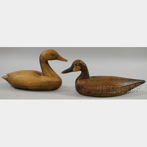 Carved and Painted Wooden Duck Decoy and Duck Decoy Figure.