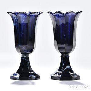 Pair of Marbelized Blue Pressed Glass Tulip Vases