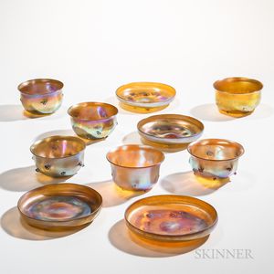 Ten Pieces of Tiffany Studios Gold Favrile Glass