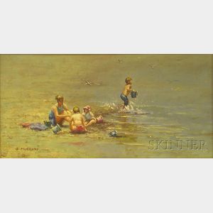 Framed Oil on Panel Scene with a Family at the Beach