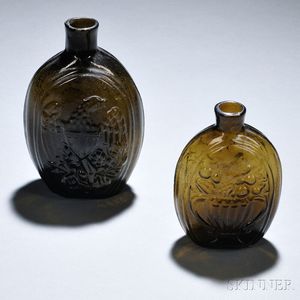 Two Olive-amber Blown-molded Pictorial Glass Flasks