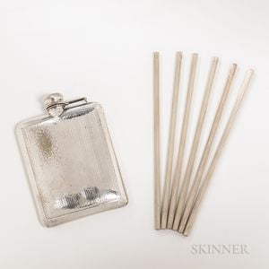 Set of Six Tiffany Sterling Silver Straws and a Nickel Silver Flask