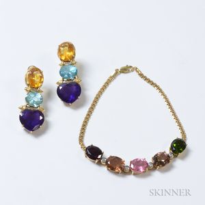 14kt Gold Gem-set Bracelet and Earrings