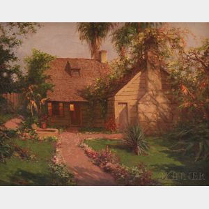 American School, 20th Century House Portrait with Flowers and Palm Trees.