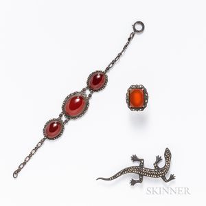 Three Pieces of Marcasite and Carnelian Jewelry