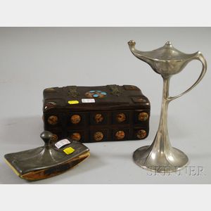 Kayserzinn Art Nouveau Pewter Oil Lamp, Art Nouveau Pewter Desk Blotter, and an Arts & Crafts-style Enameled Copper-mounted Wooden B...