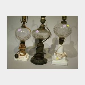 Three Glass Whale Oil Lamps.