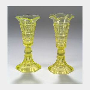 Two Canary Yellow Pressed Three-Printie Block Pattern Vases