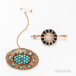 15kt Gold and Turquoise Brooch and a 14kt Gold and Banded Agate Brooch