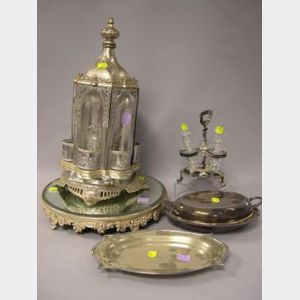 Silver Plated Condiment Tower, Mirrored Plateau, Cruet Stand, Two Serving Dishes.