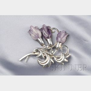 Mexican Silver and Amethyst Flower Brooch, Fred Davis