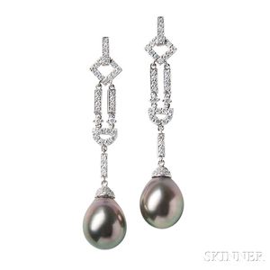 18kt White Gold, Tahitian Pearl, and Diamond Earrings